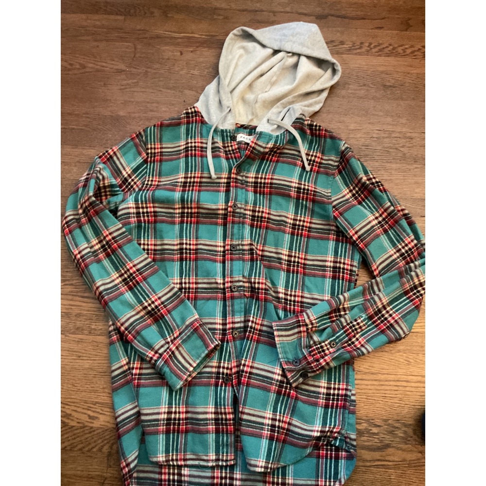 PacSun Mens Teal Red Plaid Hooded Flannel Shirt Button Up Hoodie Long Sleeve